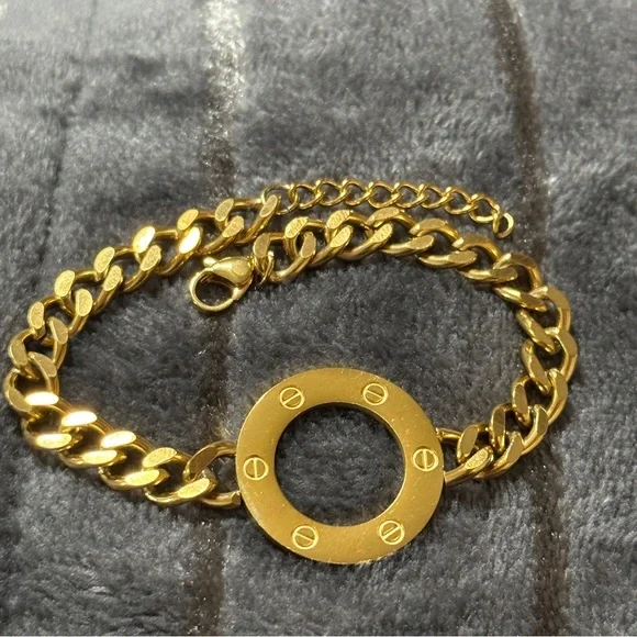 18K Gold-Plated Stainless Steel Link Chain Screw Circle Bracelet - Picture 5 of 5